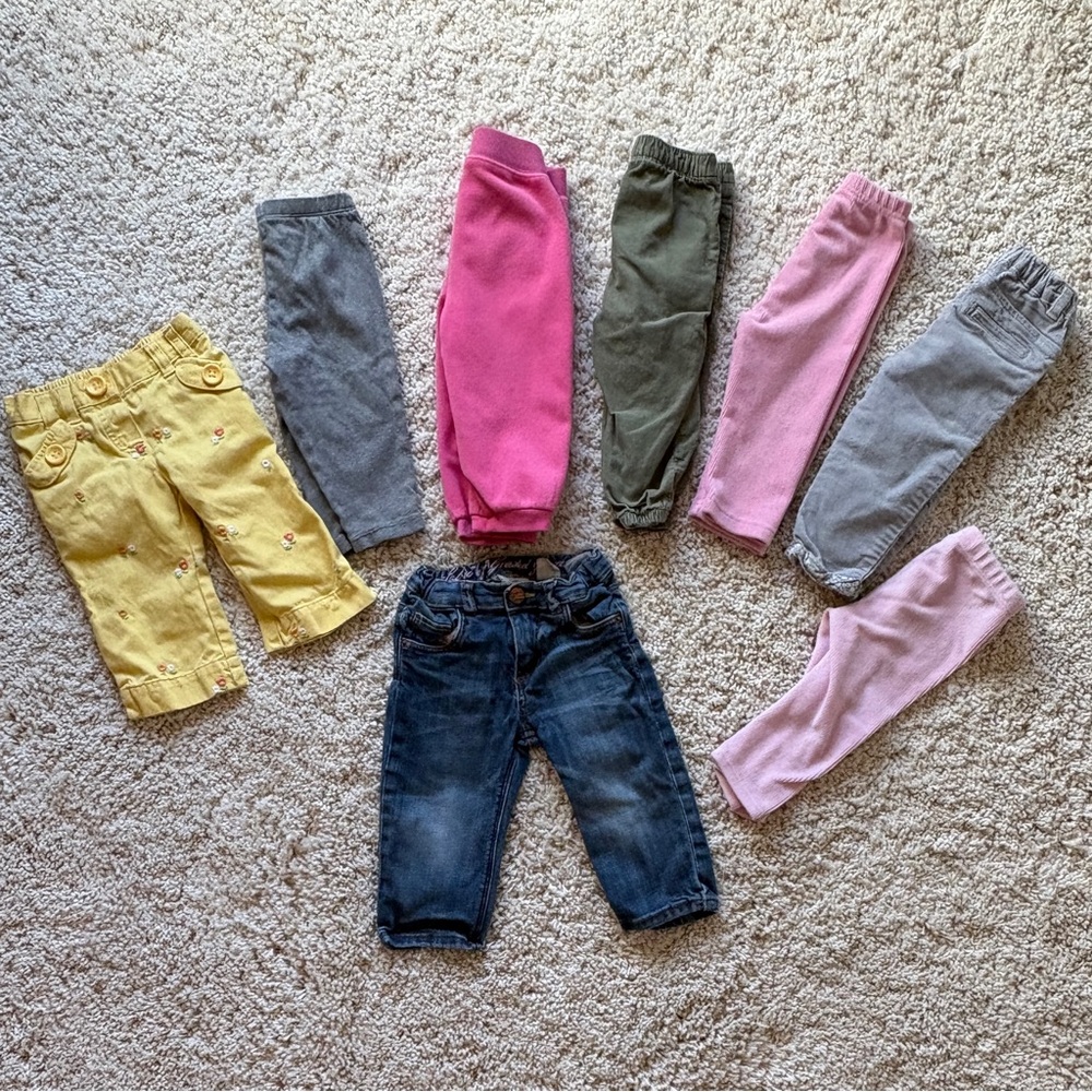 Baby Girl Mixed Pants Bundle - Denim, Pink, Yellow, Olive, Gray 6-12 Months